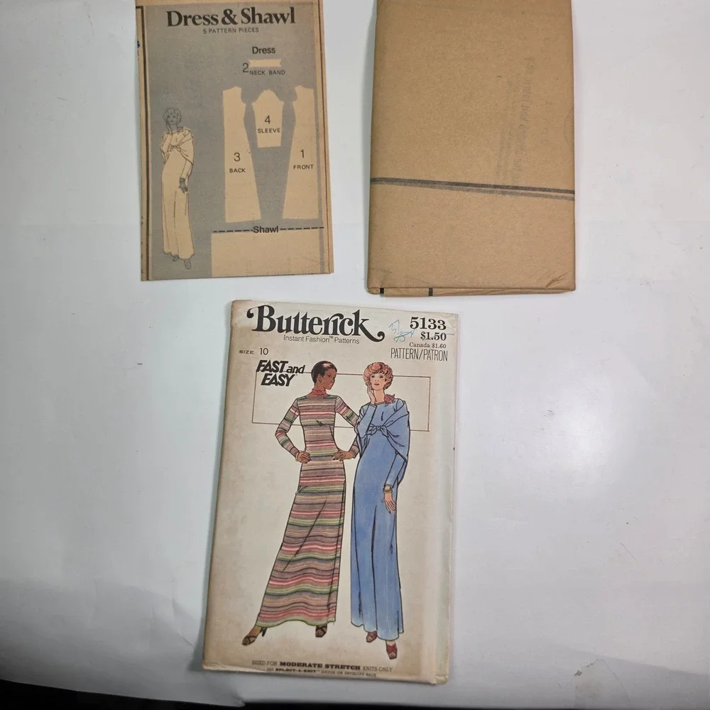 Vintage 1970s Butterick 5133 Misses Dress Shawl Sewing Pattern Size 10 Maxi